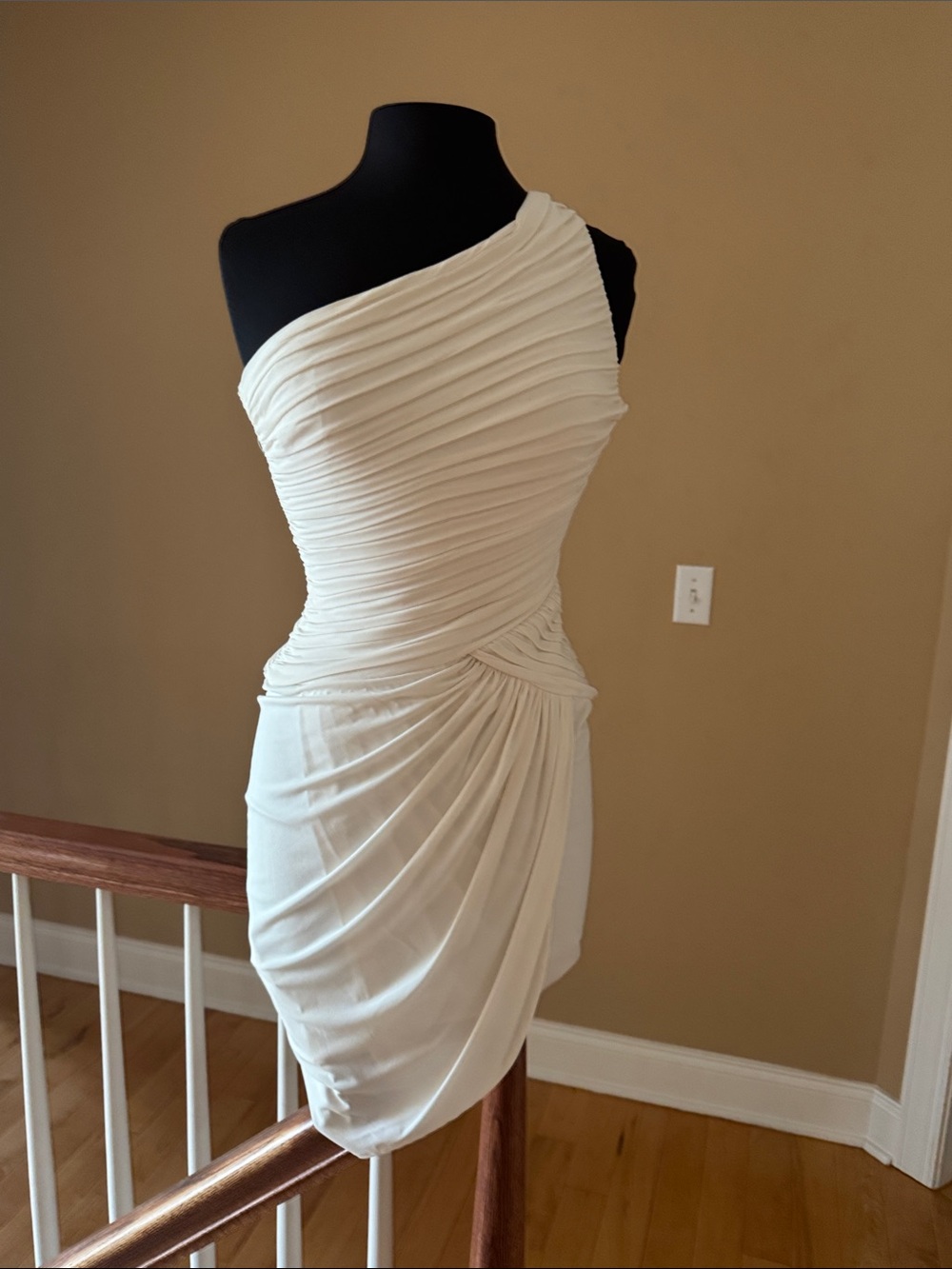 BCBGMaxAzria One-Shoulder Cream Ruched Cocktail Dress